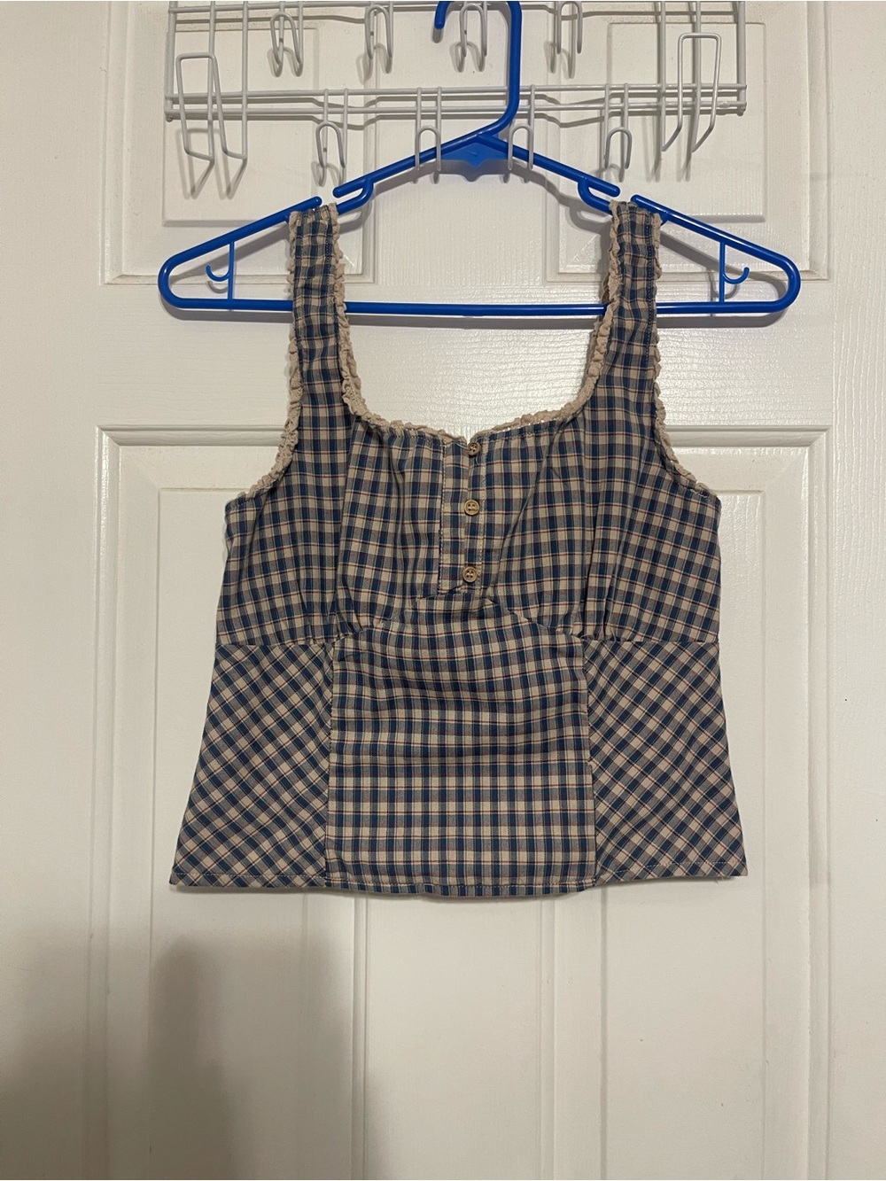 Kiriois la Plaid Square-Neck Cropped Tank - Beige & Navy lace detail